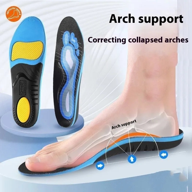 Blue and green PU flat foot correction insoles showing arch support design for universal shoe sizes.