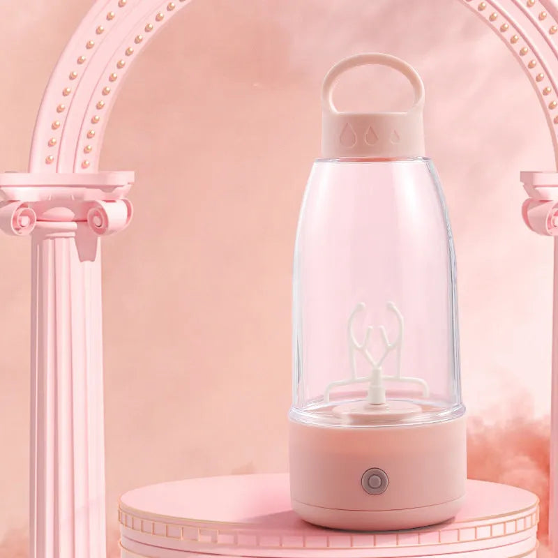 Automatic electric shaker bottle in green, pink, or white with USB port and handle for blending smoothies
