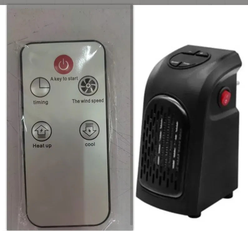 Small black ceramic fan heater with mechanical controls on a desk.
