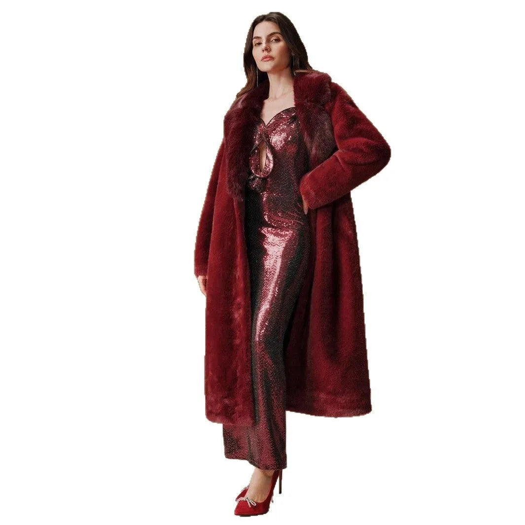 Women's long faux fur coat in wine red colour with regular sleeves
