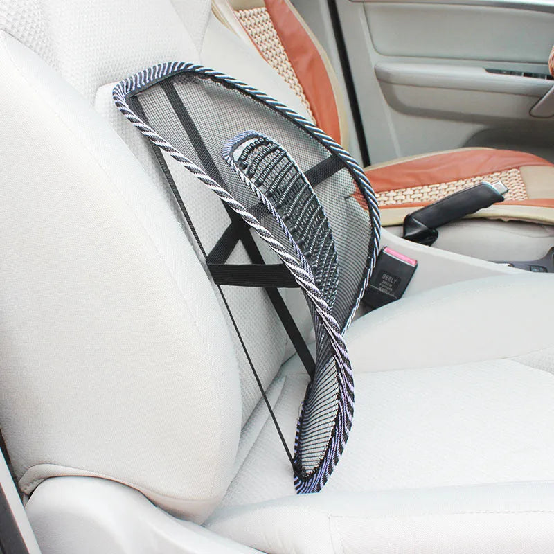 Black car lumbar support pillow with leather nail pattern measuring 41cm by 39cm