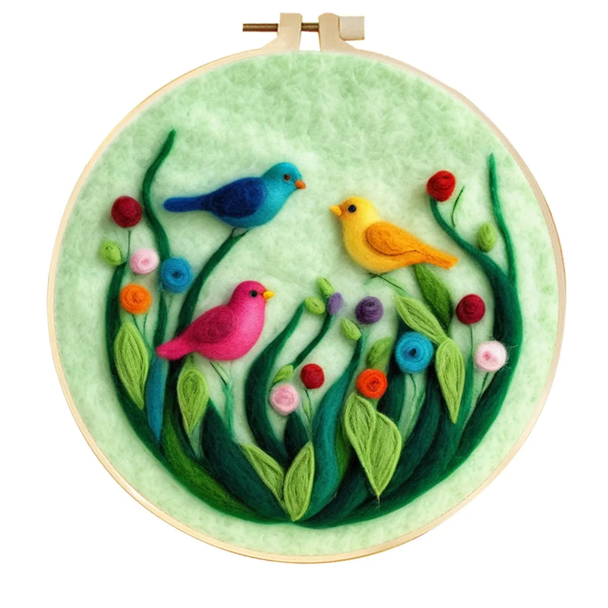 Round 3D floral embroidery kit on 20x20cm linen with wool felt and free frame