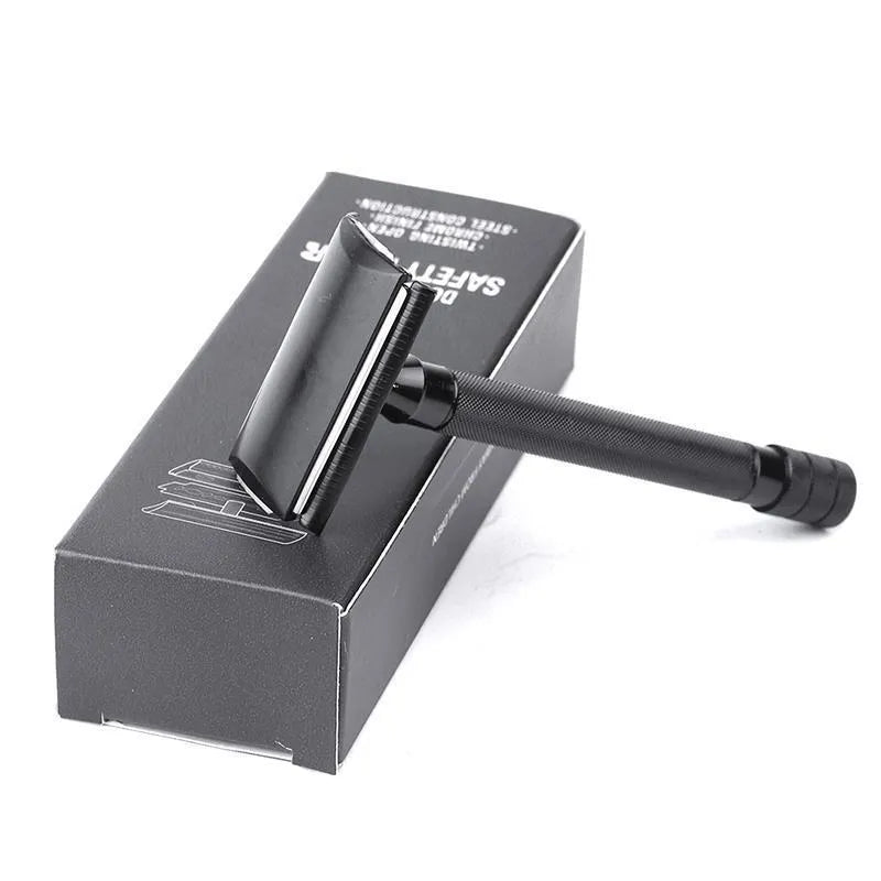 Old-fashioned manual pogonotomy metal scraper with brush set in black or silver colour