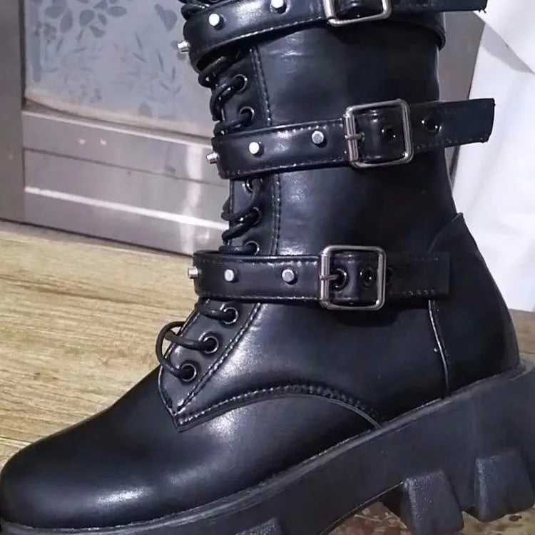 Women's black mid-calf knight boots with metal buckle and side zipper, round toe design on viscose sole