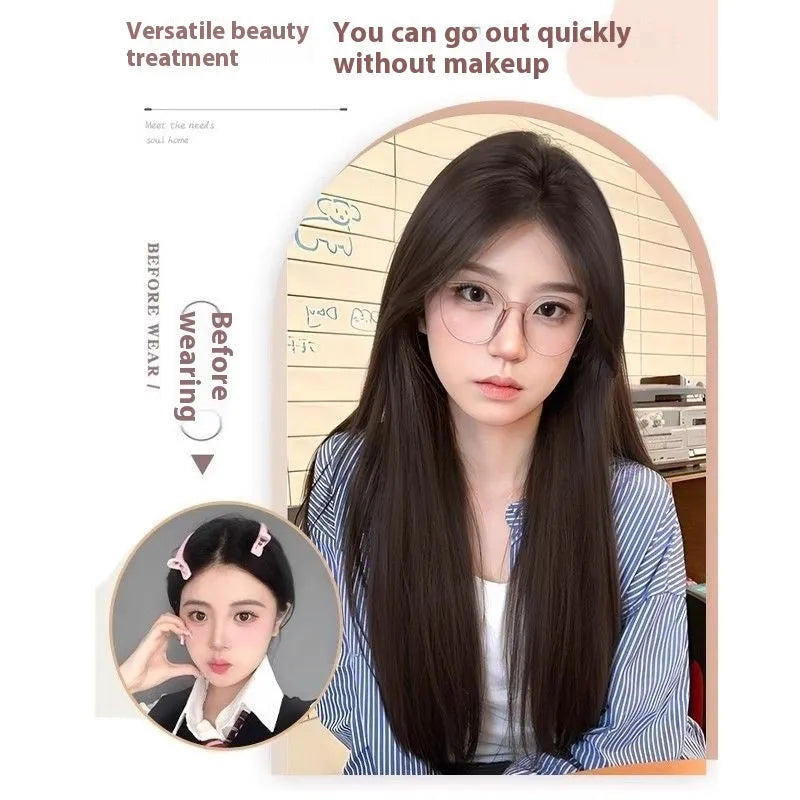 Full-head forehead lace wig in mid-length straight style with dark brown hair and styling accessories