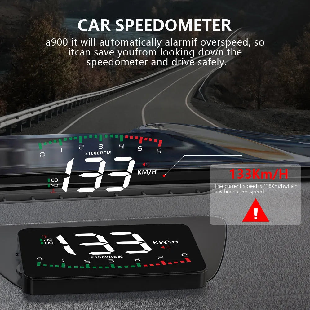 Black automotive head-up display with 3.5 inch LED screen, OBD interface, 90 x 54 x 12 mm ABS PC housing