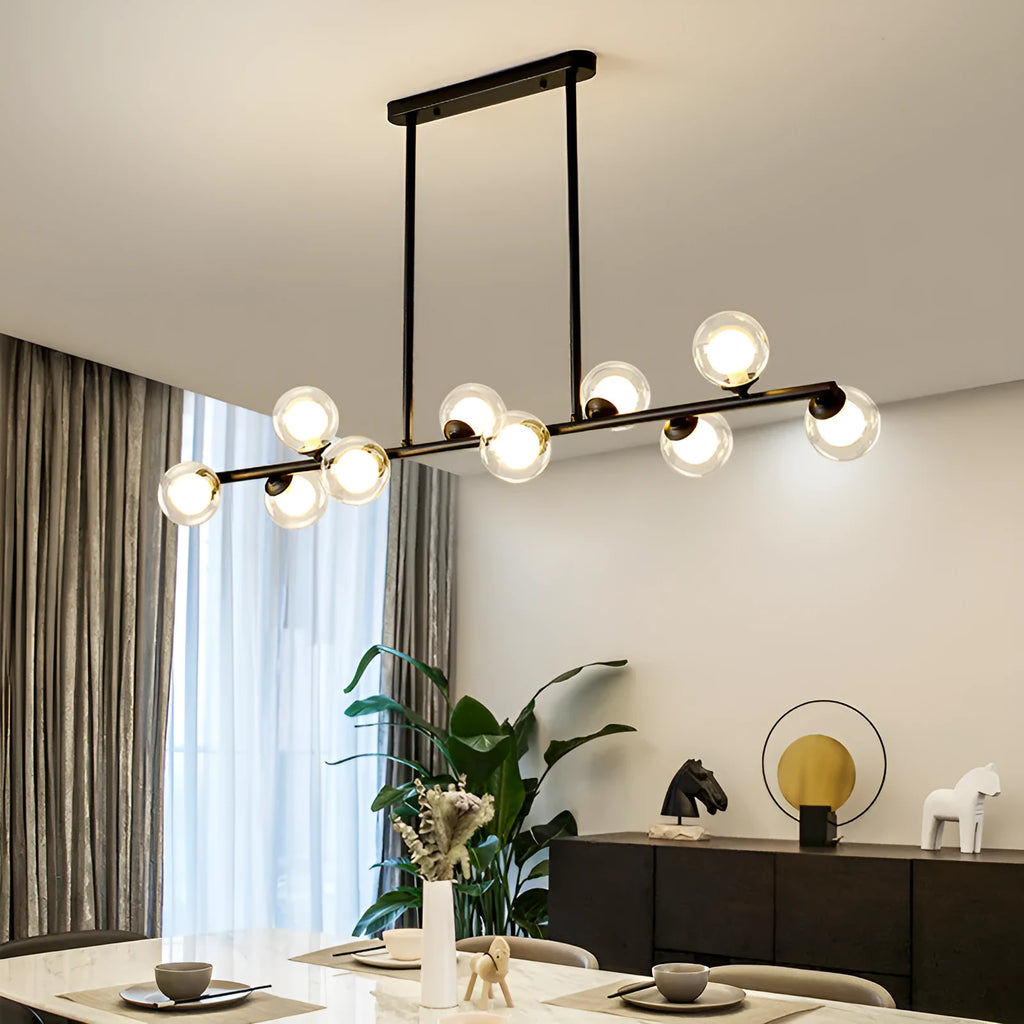 Modern minimalist glass bubble ball chandelier with iron frame, black or gold finish, for restaurant or kitchen