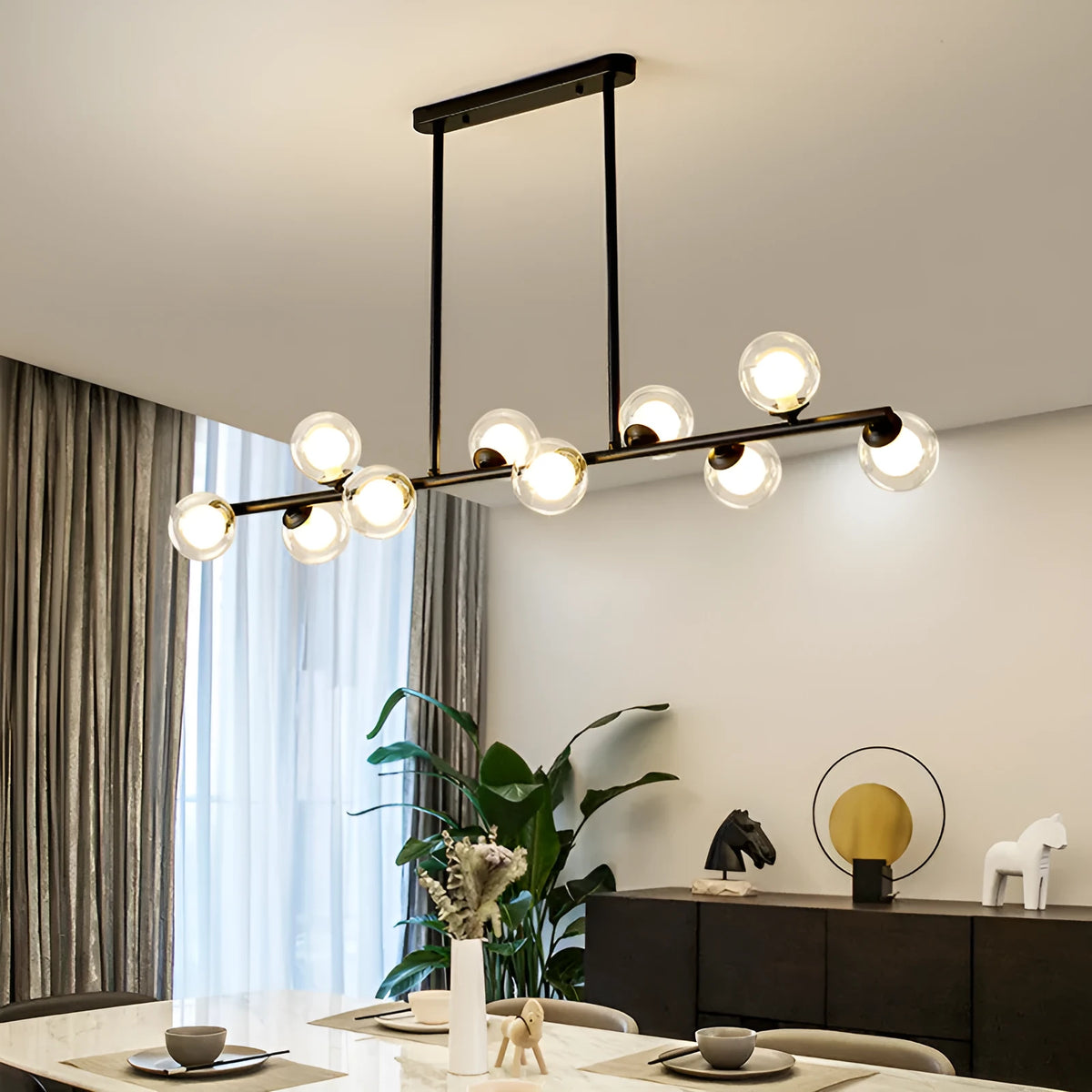 Modern minimalist glass bubble ball chandelier with iron frame, black or gold finish, for restaurant or kitchen