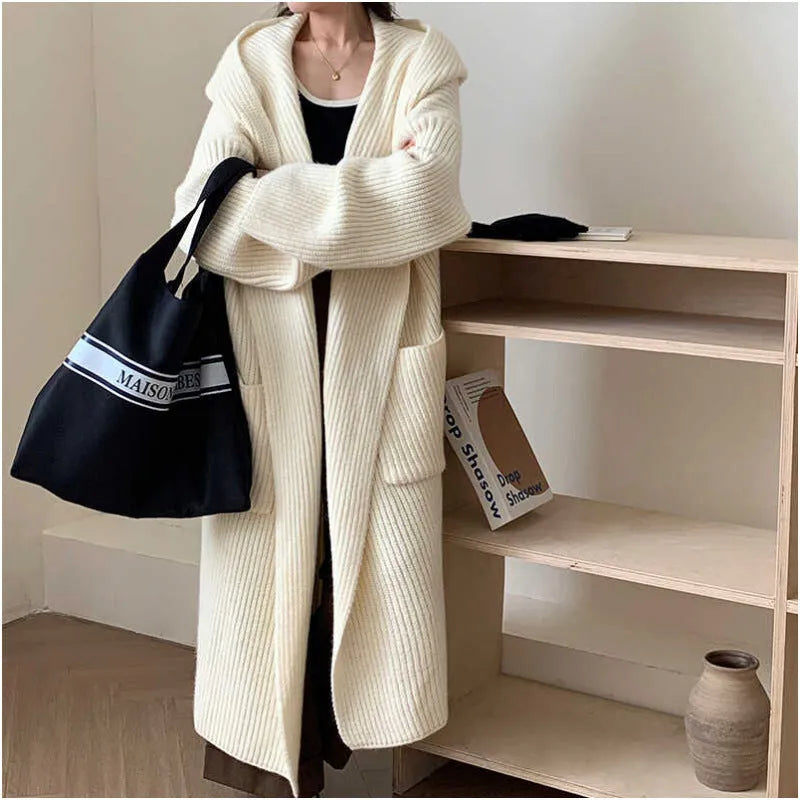 Women's loose grey hooded cardigan coat with raglan sleeves, 80cm length