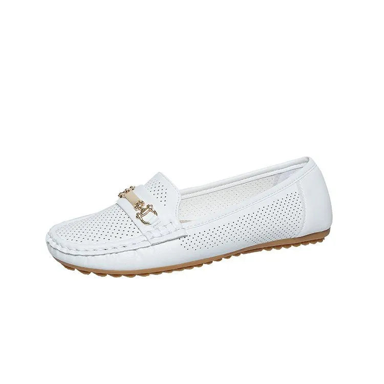 Plus size women's casual flat shoes in artificial PU leather, shown in black, white, and khaki on a plain background.