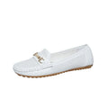 Plus size women's casual flat shoes in artificial PU leather, shown in black, white, and khaki on a plain background.