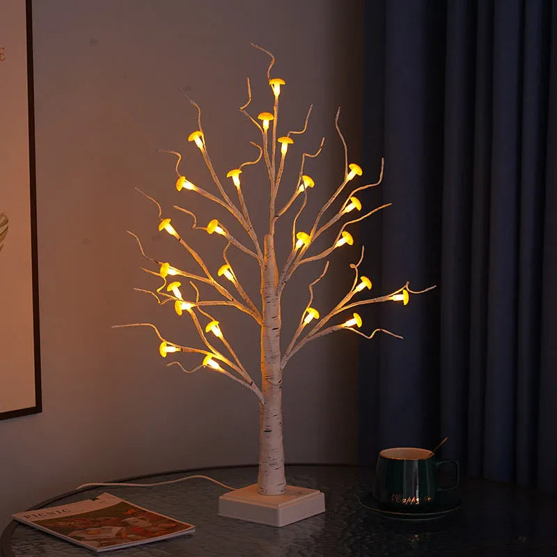 60cm tall mushroom tree lamp with 24 detachable LED flowers, birch design, and dual power options