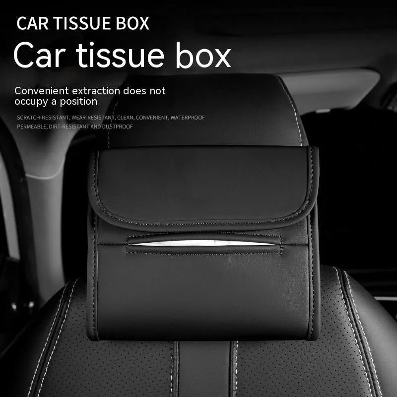 Leather car tissue box with elastic band for sun visor mounting in choice of five colours