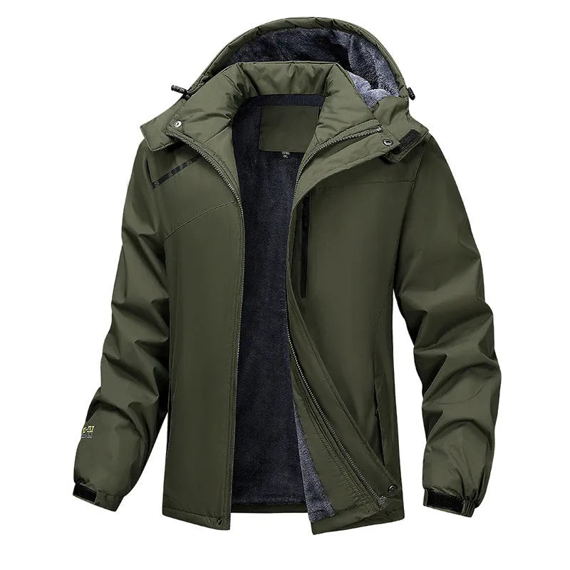 Men's plus size hooded waterproof coat in army green showing loose fit and hood design