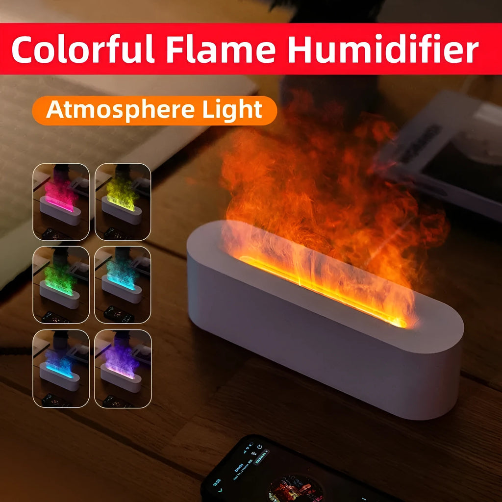 White square DQ709 flame effect aroma diffuser and ultrasonic cool mist humidifier on a table.
