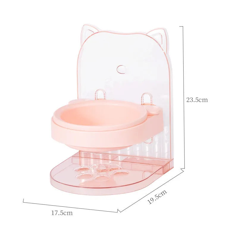 Grey pet bowl with cat ear handles showing height adjustment mechanism and anti-spill design