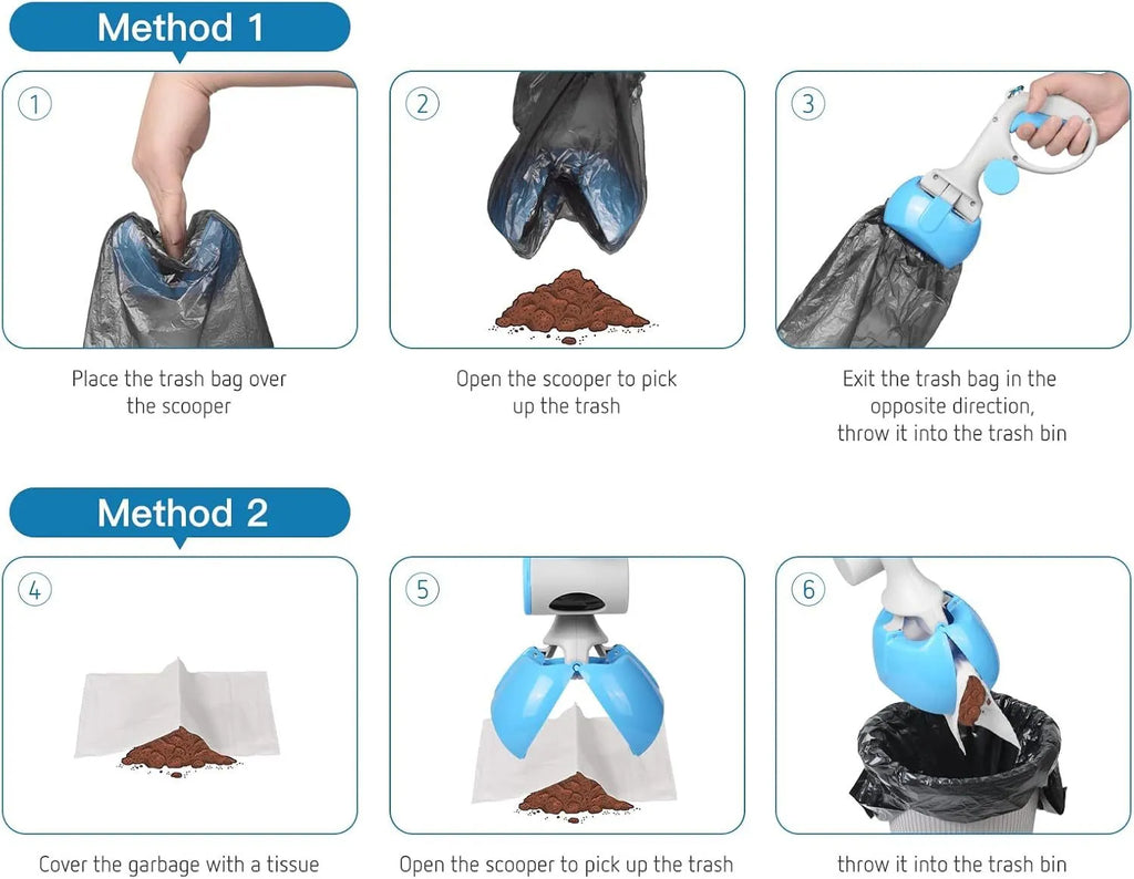 Black pet pooper scooper with integrated trash bag holder, heavy-duty ABS plastic, measures 24cm