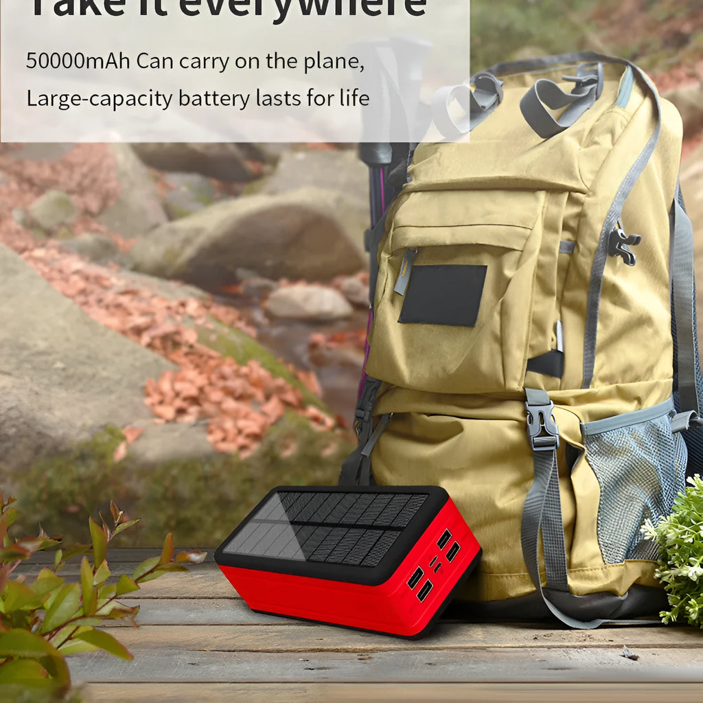 Solar wireless power bank in black with orange accents, showing solar panel and dimensions.
