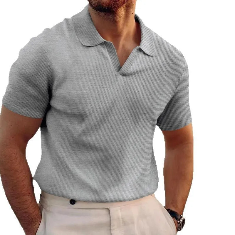 Men's slim fit heavy waffle textured T-shirt in grey, shown front-on.