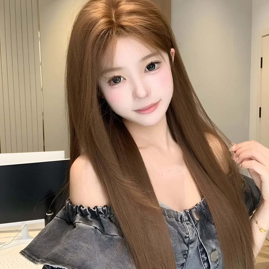 Warm brown lace front wig with centre part, side bangs and long straight synthetic hair