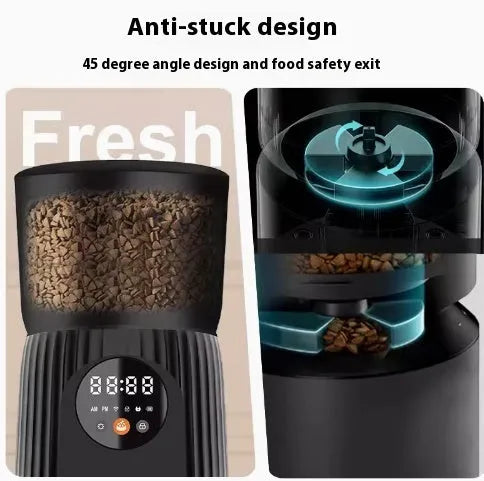 Black intelligent pet feeder with digital display showing feeding schedule, holding dry food