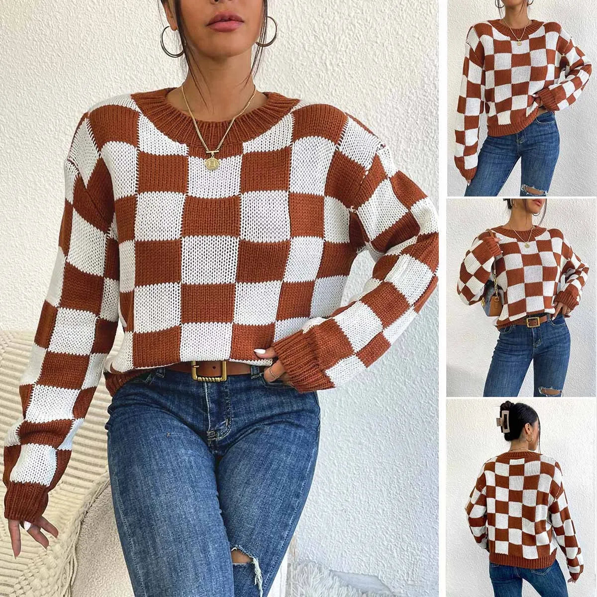 Dark brown plaid pattern pullover sweater with long sleeves and round neck, laid flat showing full design