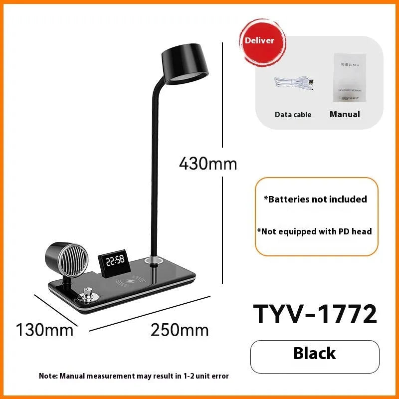 White and black intelligent table lamp with digital clock display and wireless charging pad on base.
