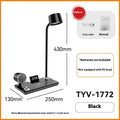 White and black intelligent table lamp with digital clock display and wireless charging pad on base.