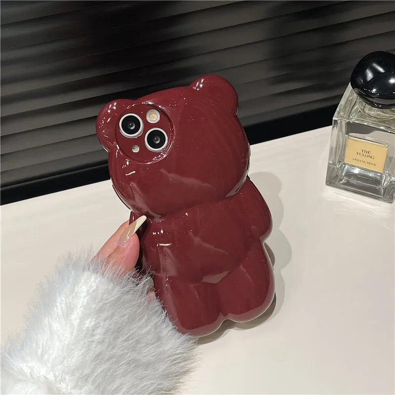 Silicone iPhone case with 3D bear design in khaki or wine red, anti-fall soft shell for iPhone 11-14 models