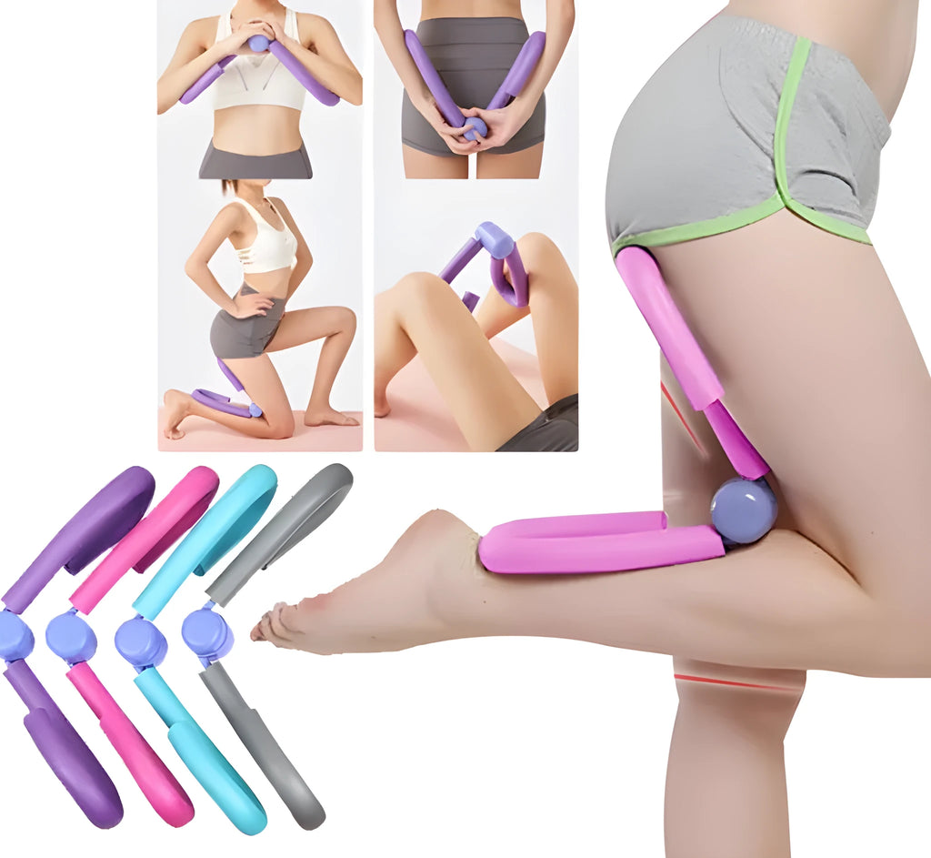 Pink PVC and foam leg exercise machine with steel spring for arm and thigh workouts.
