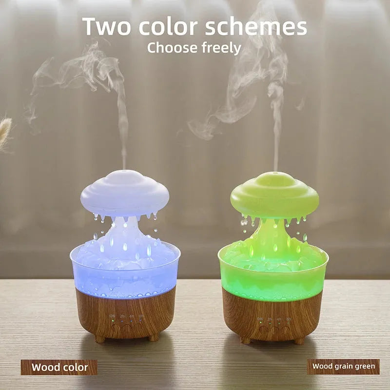 Wood grain rain cloud shaped humidifier diffuser with coloured LED light and water droplet sound.