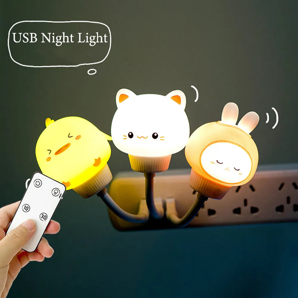 USB portable LED night light in cartoon animal design with remote control for adjustable brightness