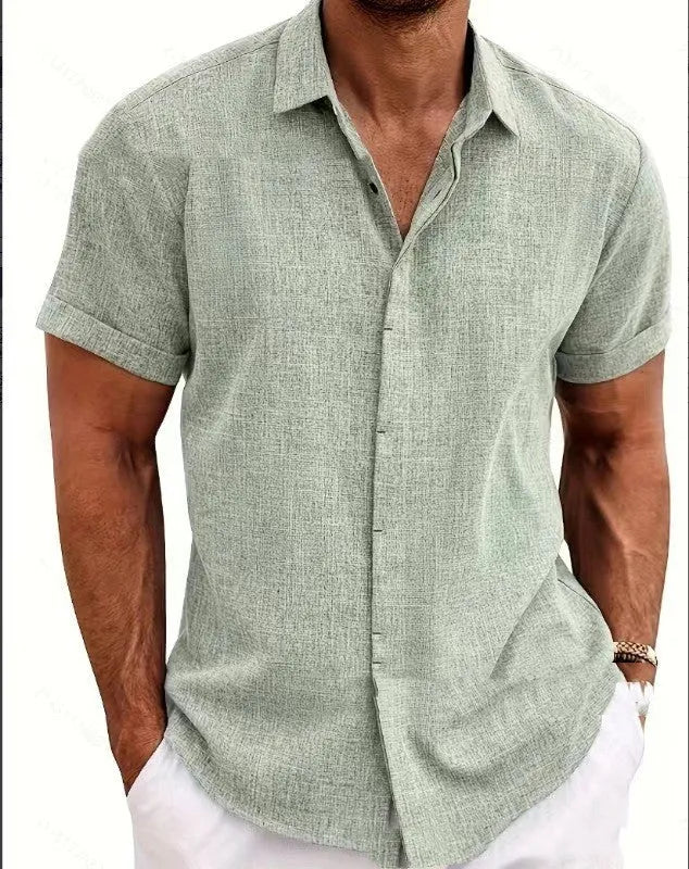Men's matcha colour loose fitting short sleeved cardigan style top with standing collar and double placket.