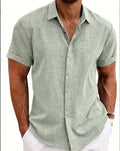 Men's matcha colour loose fitting short sleeved cardigan style top with standing collar and double placket.