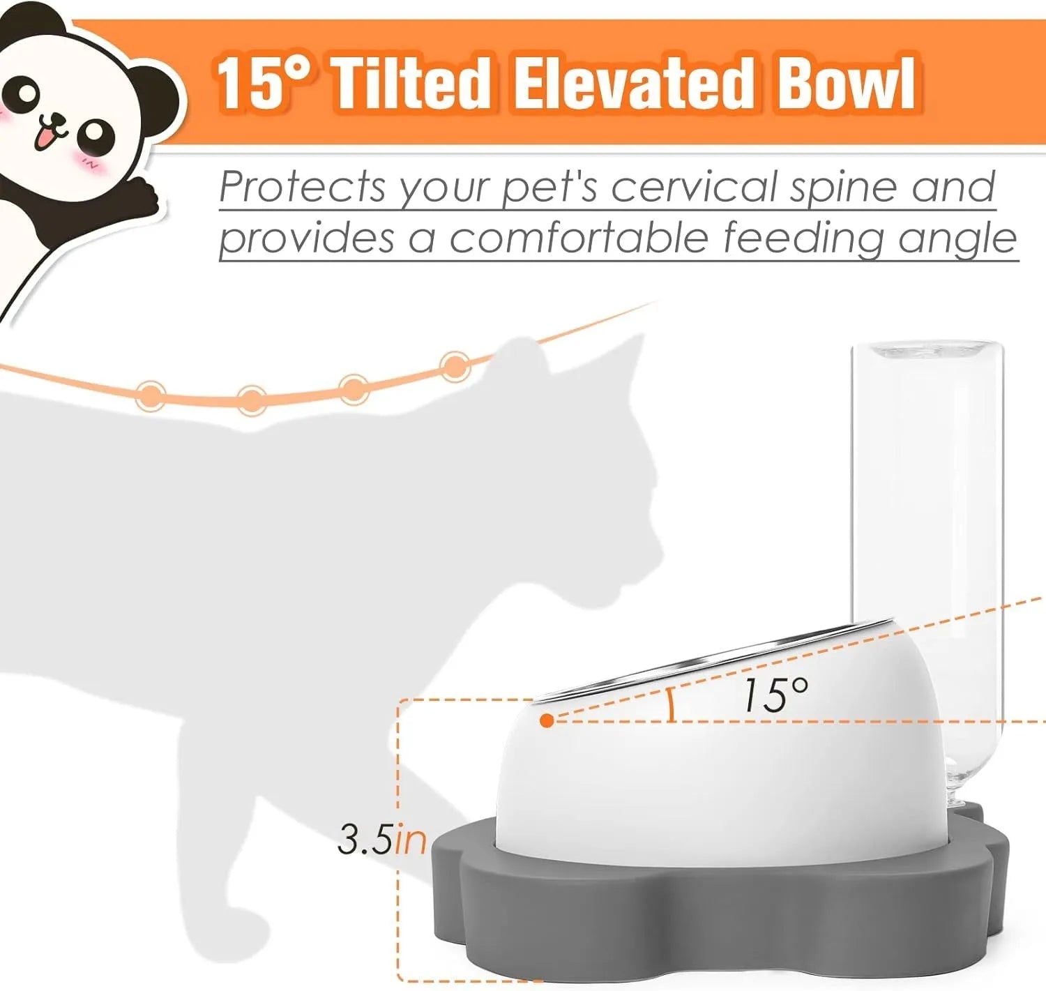 Elevated pet bowls set in panda shape with 15° tilt and automatic water dispenser for cats and small dogs