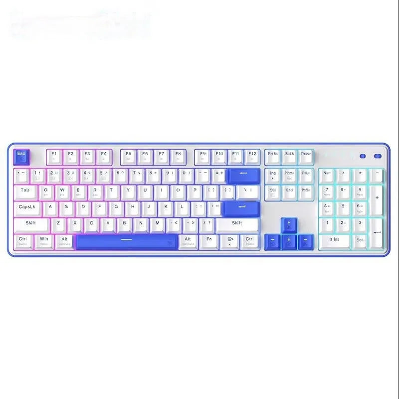 Red Dragon mechanical keyboard with 104 keys in black white colour and RGB backlighting on a desk