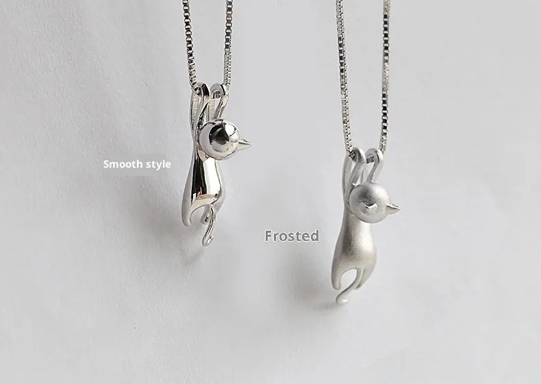 S925 sterling silver cat necklace with box chain, available in frosted or glossy finish