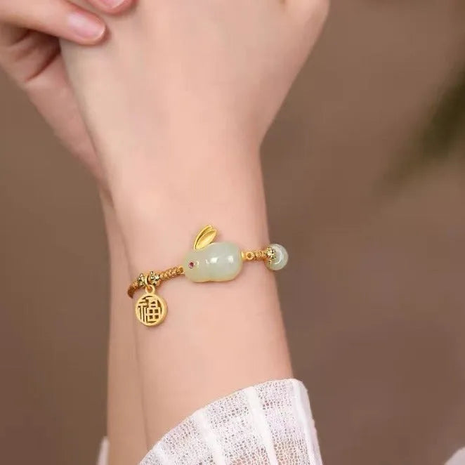 Yellow string bracelet with geometric Hetian jade rabbit charm for women