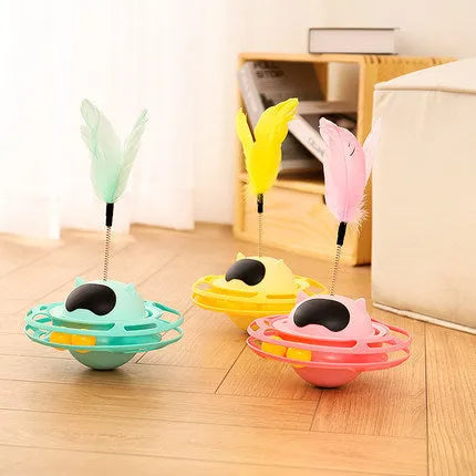 Pink rotating cat toy turntable measuring 17cm by 10cm for feline play and exercise