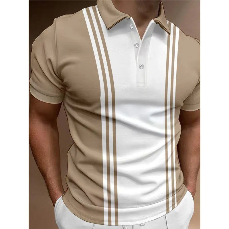 Men's loose fit casual t-shirt with 3-button printing lapel design in polyester fabric