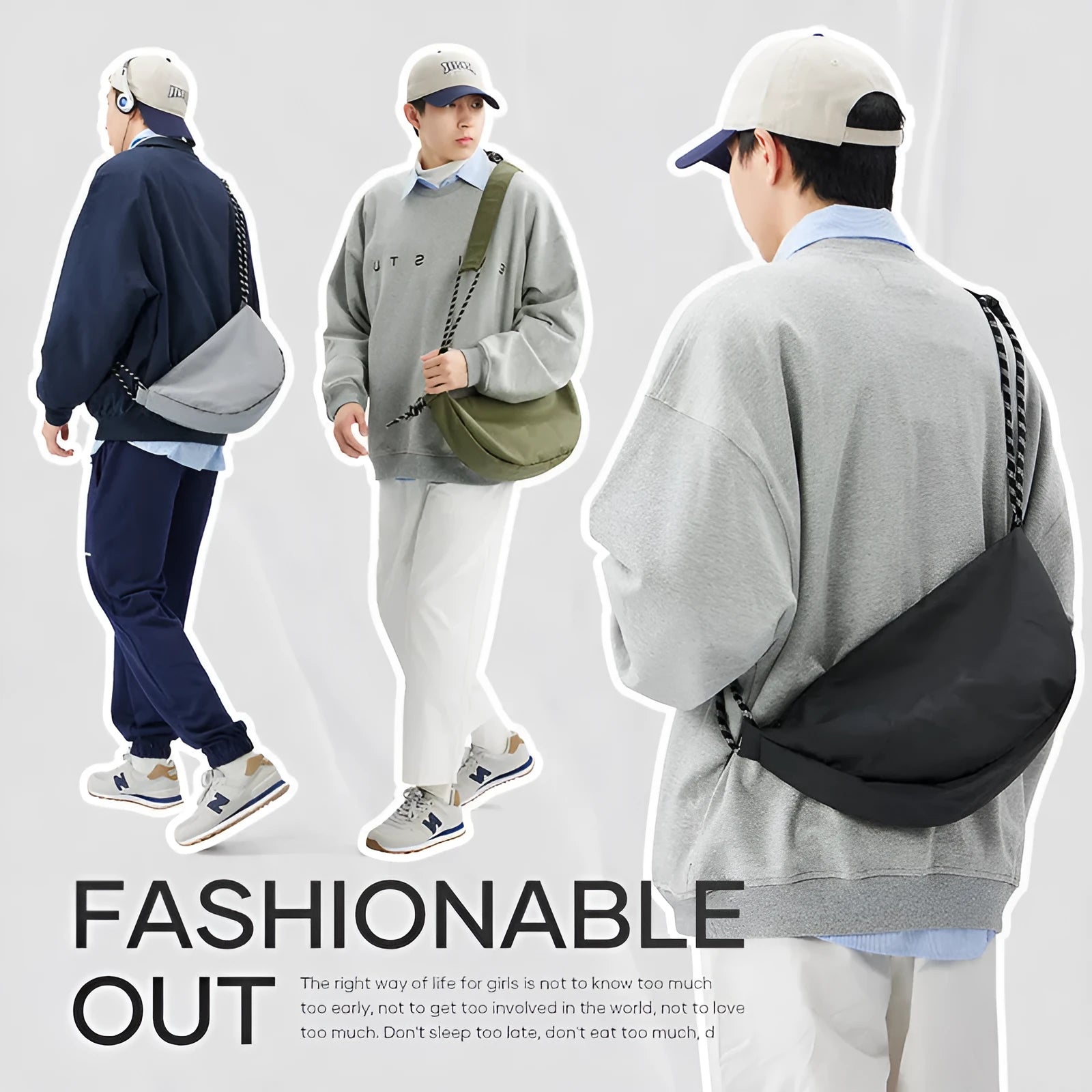 Men's lightweight nylon messenger bag in a solid colour, shown with a large main compartment.