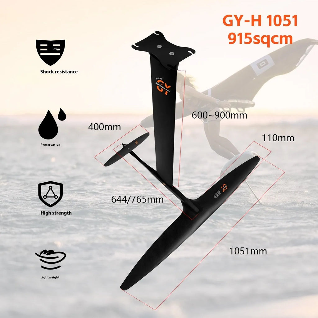 Black carbon fibre hydrofoil with 1051mm front wing for surfing