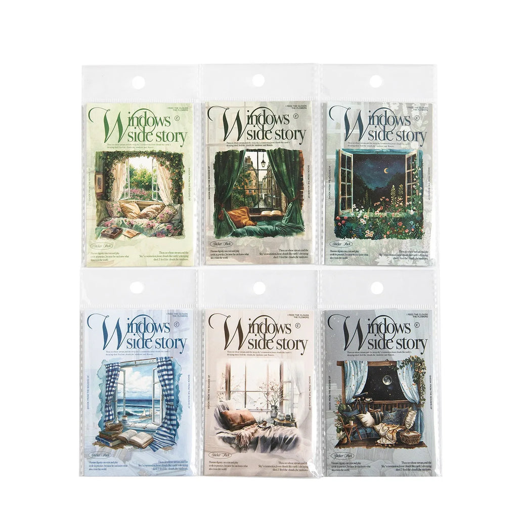 Window Story Series journal decorative stickers showing six colour themes with retro window scene designs