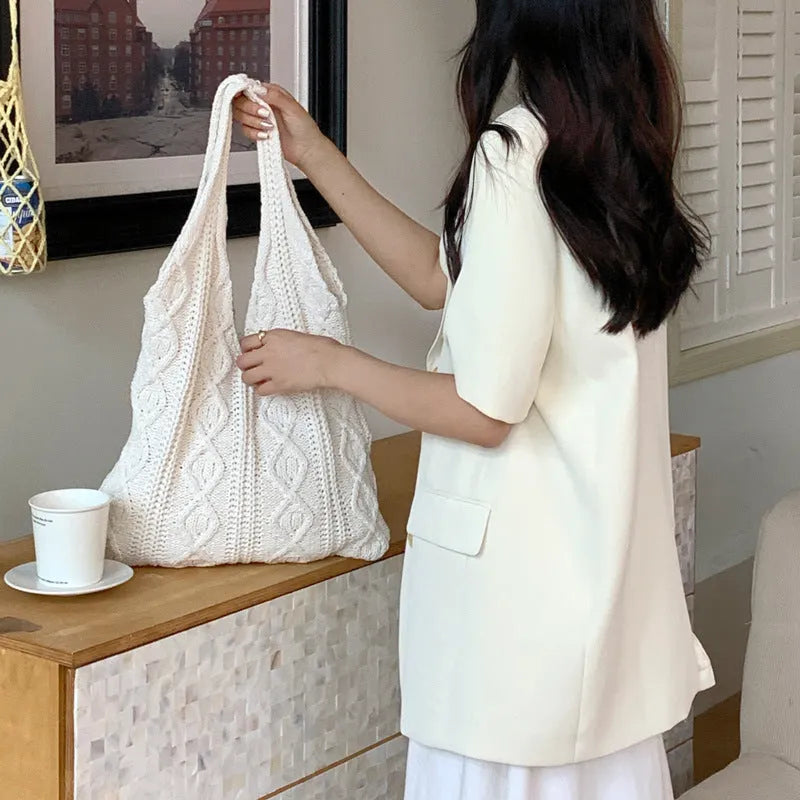 Women's retro style hollow knitted tote bag in polyester with double shoulder straps, shown in a solid colour.