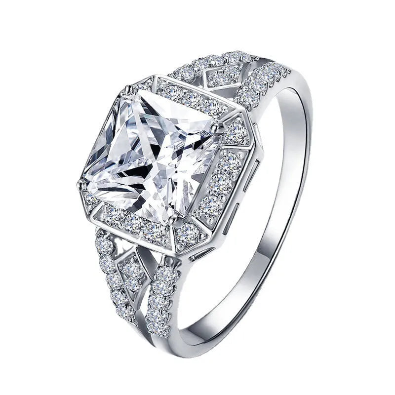 Geometric hollow zircon ring for women in platinum colour with quadrilateral design and inlaid stones