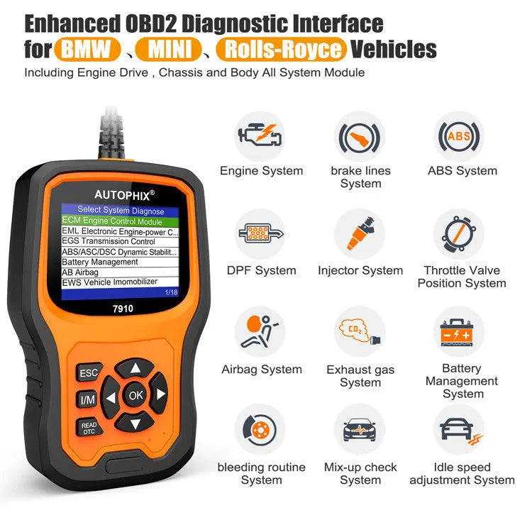 Autophix 7910 BMW diagnostic scanner with OBD2 connector and LCD display showing fault codes