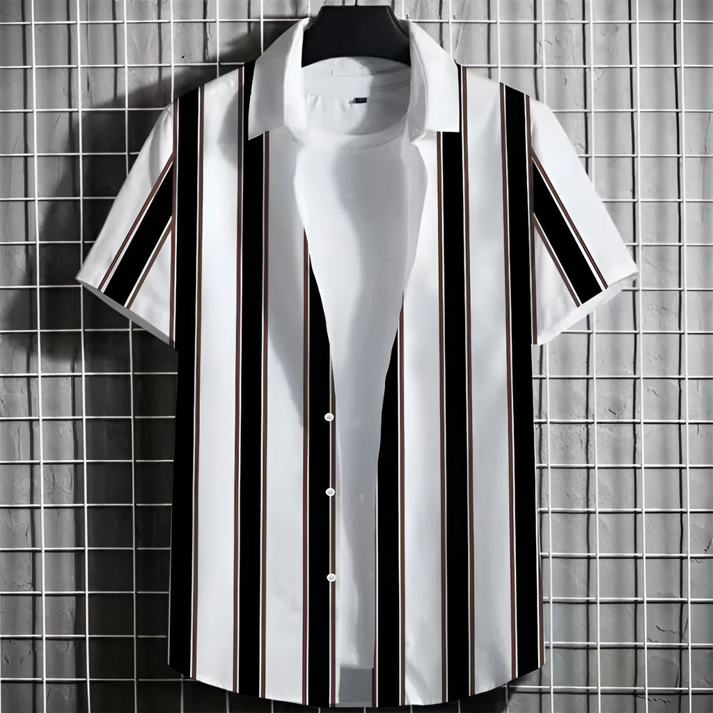 Men's linen short sleeve t-shirt with a simple striped 3D printed graphic on the front.