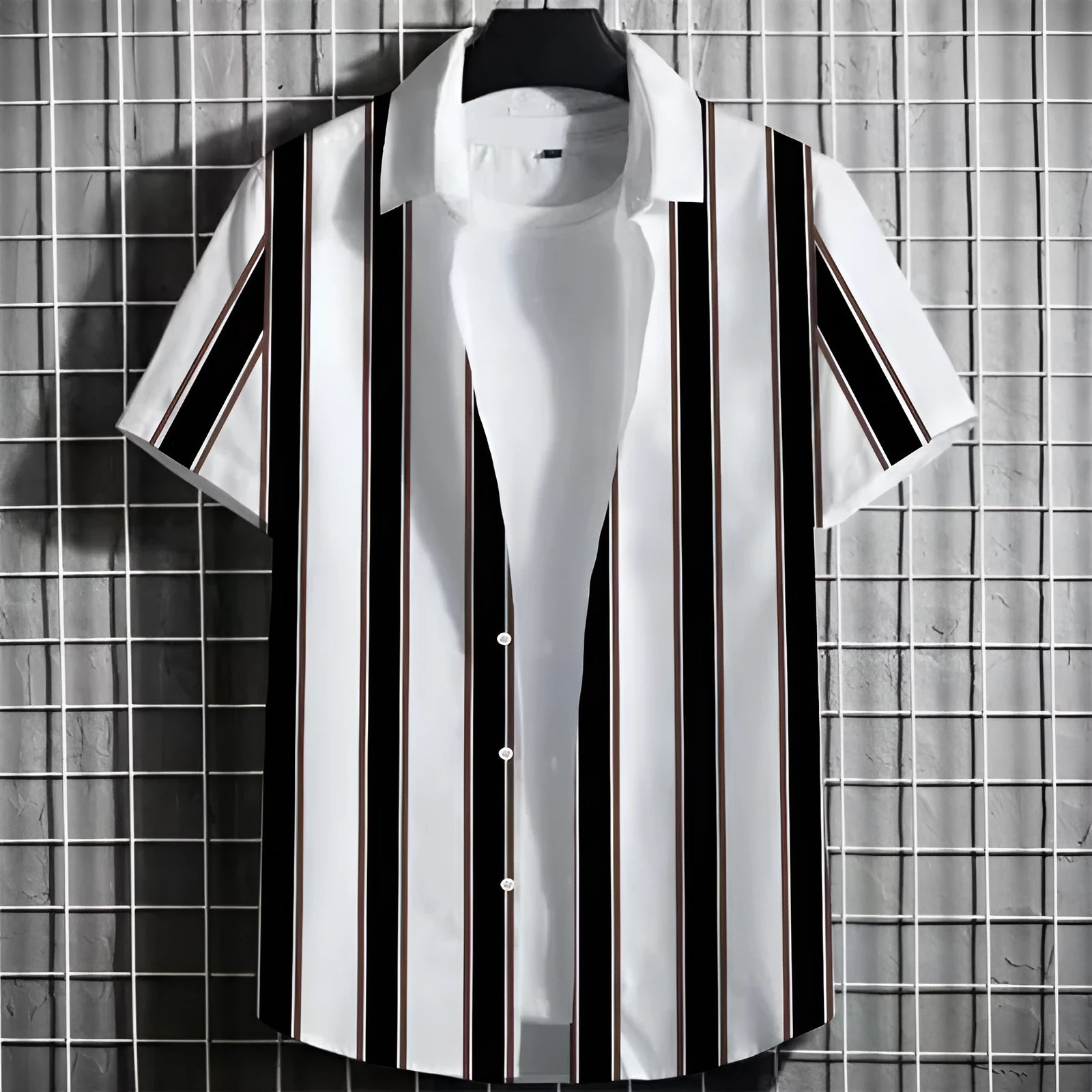 Men's linen short sleeve t-shirt with a simple striped 3D printed graphic on the front.