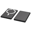 Ultra-thin magnetic power bank in dark grey showing 9mm profile and iPhone attachment