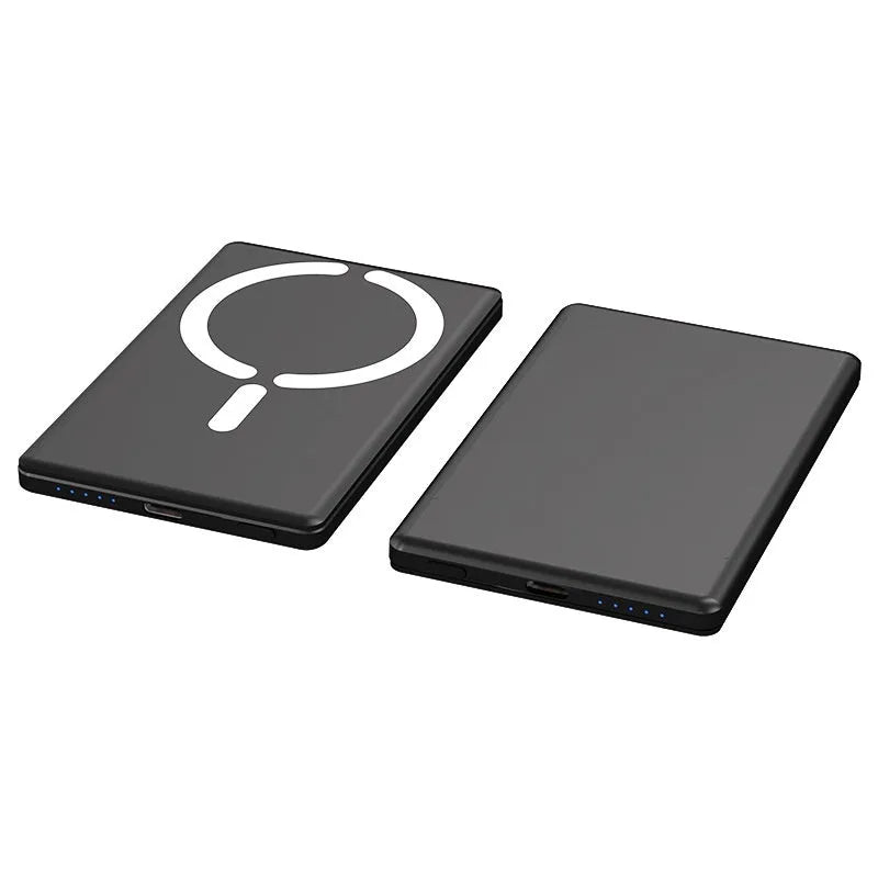 Ultra-thin magnetic power bank in dark grey showing 9mm profile and iPhone attachment